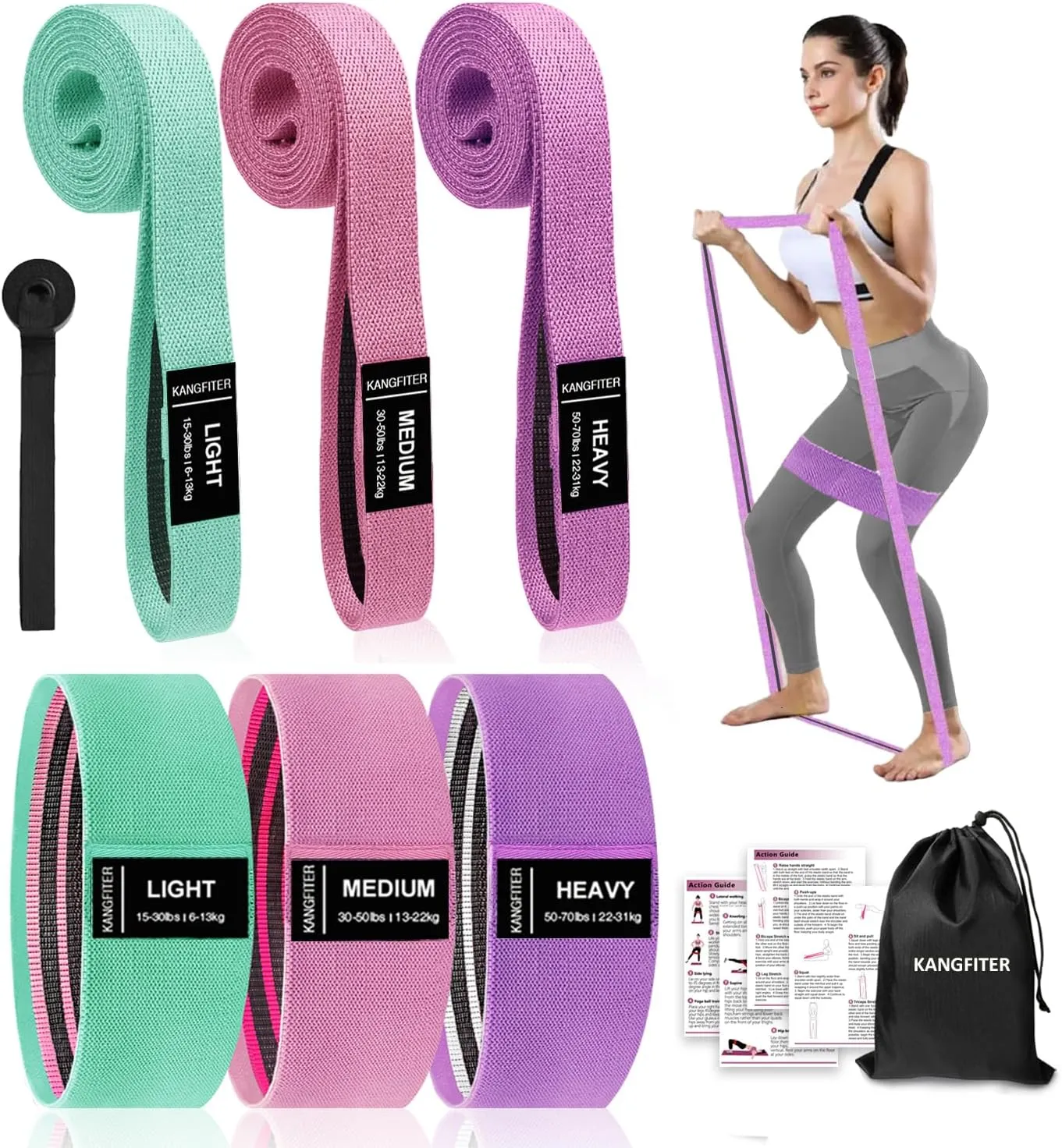 Long and Short Fabric Resistance Bands with Door Anchor, Non-Slip Stretch Booty Bands for Working Out Women & Men, Loop Exercise Elastic Bands for Home Physical Therapy Yoga Pilates