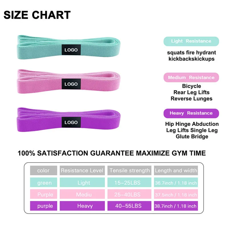 Logo Gym Cotton Pull up Assist Resistance Long Fabric Cloth Loop Booty Exercise Bands Set